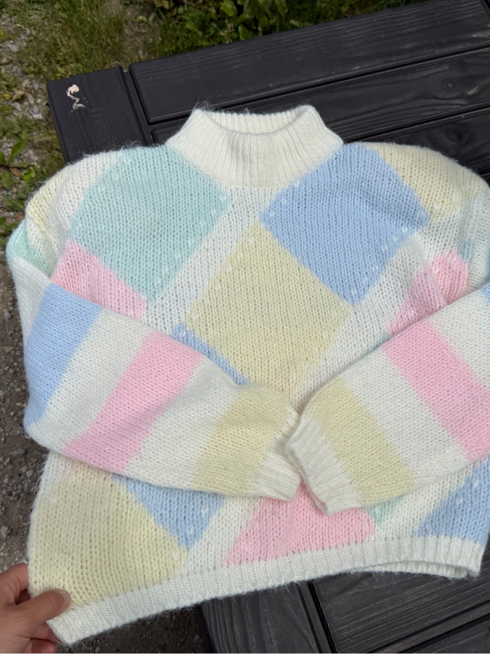 VTG 80s T.Q. Pastel Argyle Knit Mock Neck Sweater. Chunky Soft Acrylic. Womens M
